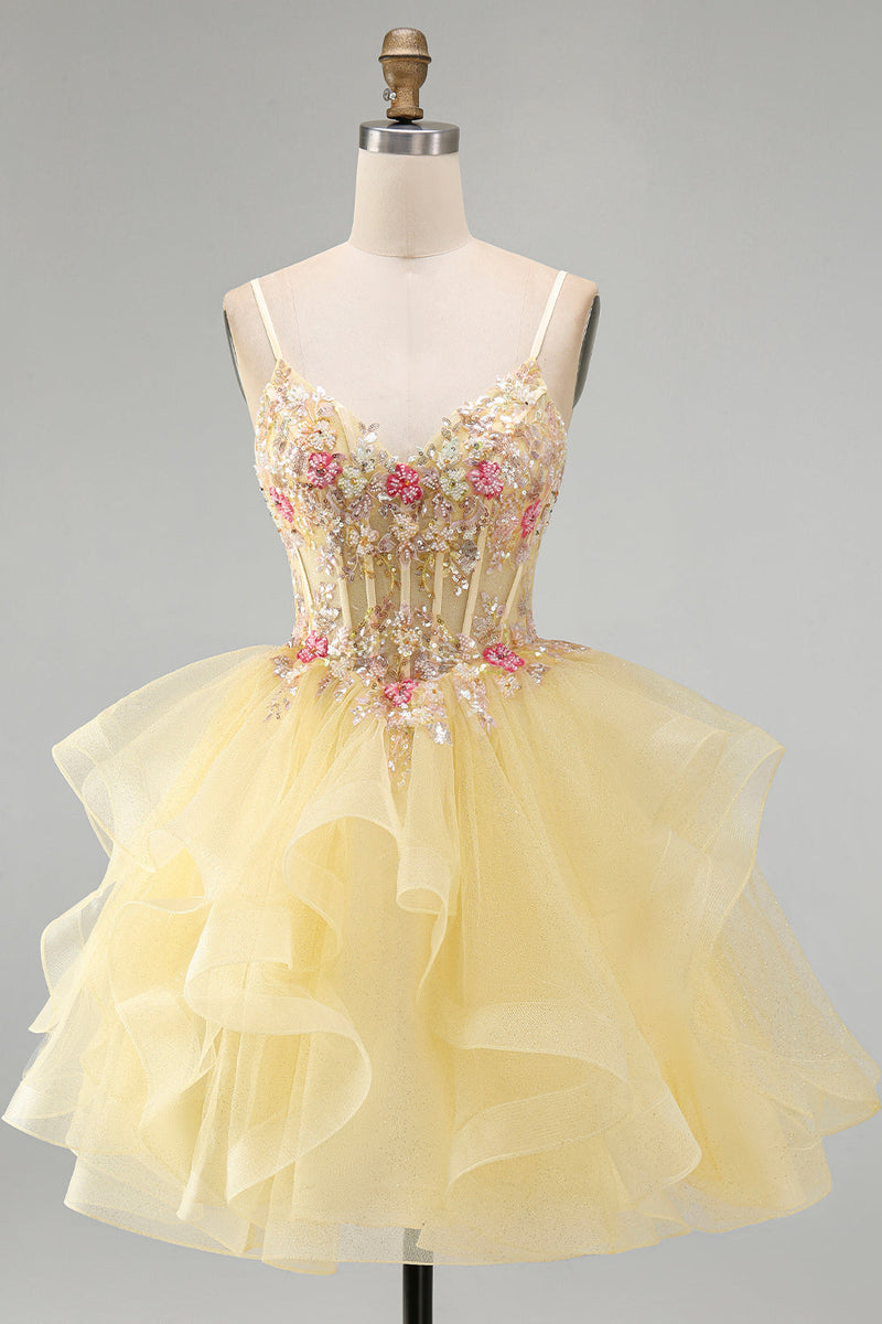 Load image into Gallery viewer, Floral Yellow Corset Beaded Sparkly Ruffled V-Neck Mini Cocktial Dress
