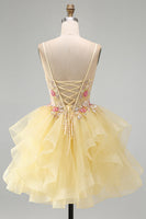 Load image into Gallery viewer, Floral Yellow Corset Beaded Sparkly Ruffled V-Neck Mini Cocktial Dress