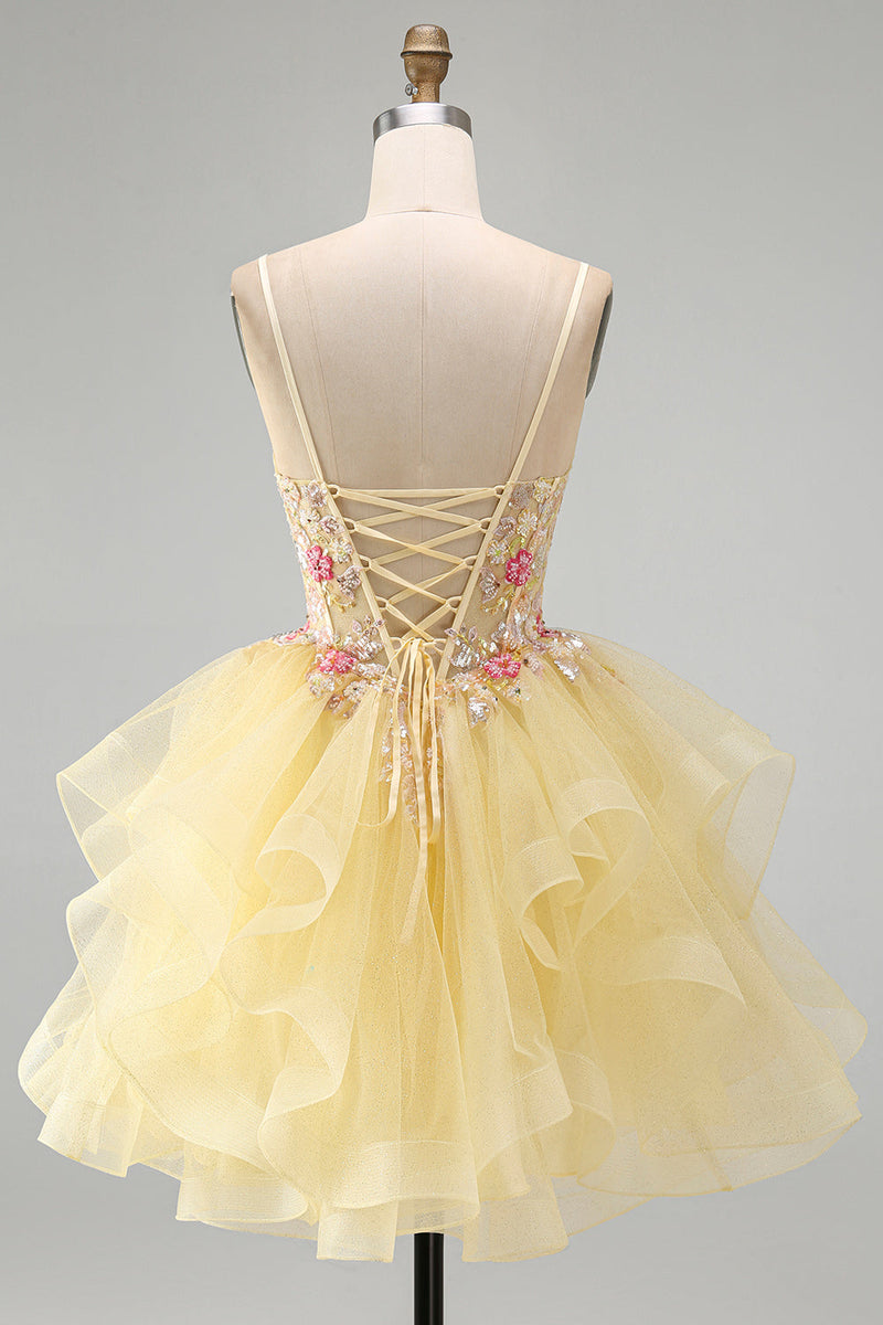 Load image into Gallery viewer, Floral Yellow Corset Beaded Sparkly Ruffled V-Neck Mini Cocktial Dress