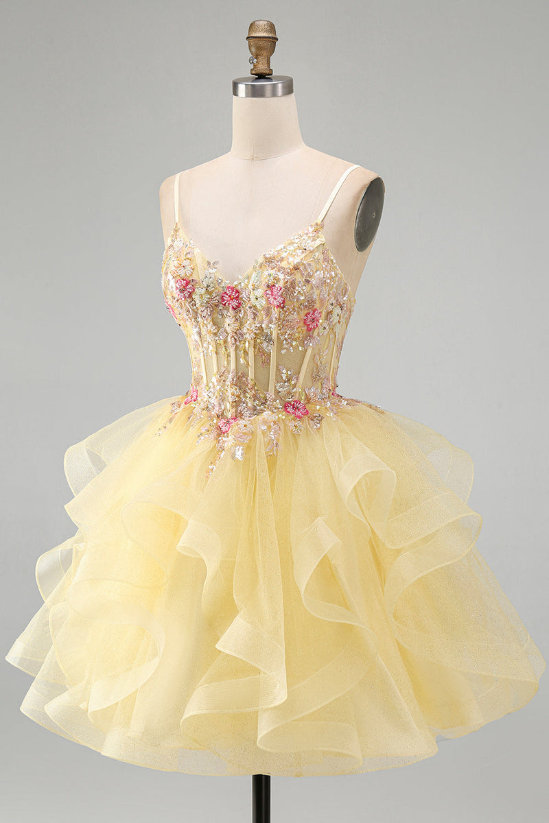 Load image into Gallery viewer, Floral Yellow Corset Beaded Sparkly Ruffled V-Neck Mini Cocktial Dress