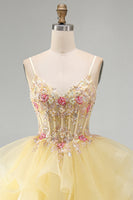 Load image into Gallery viewer, Floral Yellow Corset Beaded Sparkly Ruffled V-Neck Mini Cocktial Dress