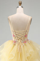 Load image into Gallery viewer, Floral Yellow Corset Beaded Sparkly Ruffled V-Neck Mini Cocktial Dress