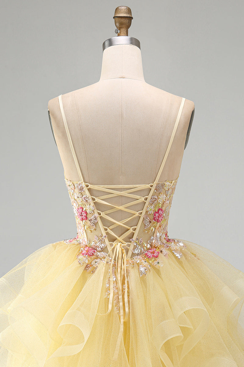 Load image into Gallery viewer, Floral Yellow Corset Beaded Sparkly Ruffled V-Neck Mini Cocktial Dress