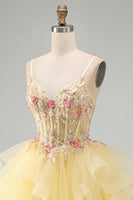 Load image into Gallery viewer, Floral Yellow Corset Beaded Sparkly Ruffled V-Neck Mini Cocktial Dress
