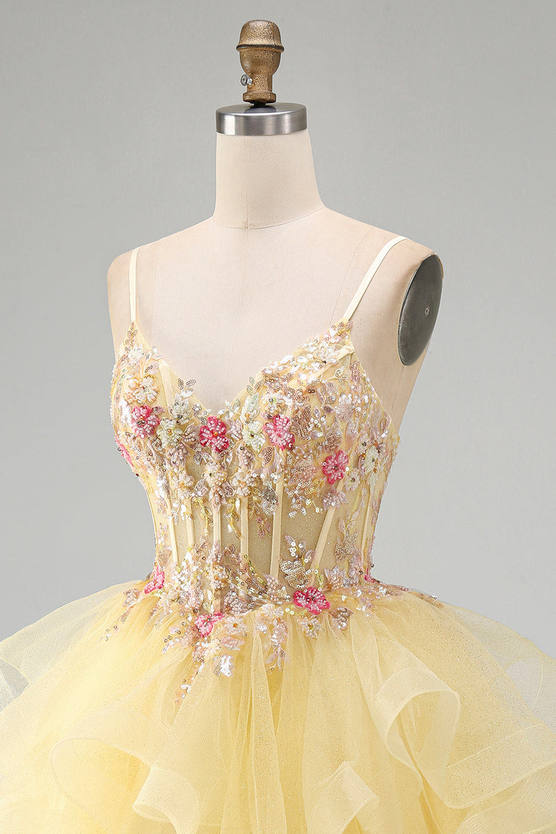 Load image into Gallery viewer, Floral Yellow Corset Beaded Sparkly Ruffled V-Neck Mini Cocktial Dress