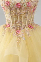 Load image into Gallery viewer, Floral Yellow Corset Beaded Sparkly Ruffled V-Neck Mini Cocktial Dress