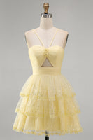 Load image into Gallery viewer, Yellow Tiered Sparkly Ruffled A Line Short Cocktial Dress with Keyhole