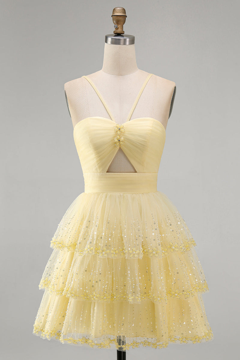 Load image into Gallery viewer, Yellow Tiered Sparkly Ruffled A Line Short Cocktial Dress with Keyhole