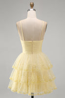 Load image into Gallery viewer, Yellow Tiered Sparkly Ruffled A Line Short Cocktial Dress with Keyhole