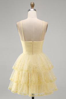 Yellow Tiered Sparkly Ruffled A Line Short Cocktial Dress with Keyhole