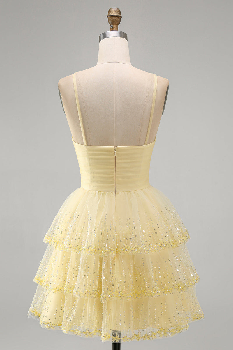 Load image into Gallery viewer, Yellow Tiered Sparkly Ruffled A Line Short Cocktial Dress with Keyhole
