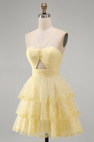 Load image into Gallery viewer, Yellow Tiered Sparkly Ruffled A Line Short Cocktial Dress with Keyhole