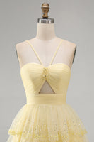 Load image into Gallery viewer, Yellow Tiered Sparkly Ruffled A Line Short Cocktial Dress with Keyhole