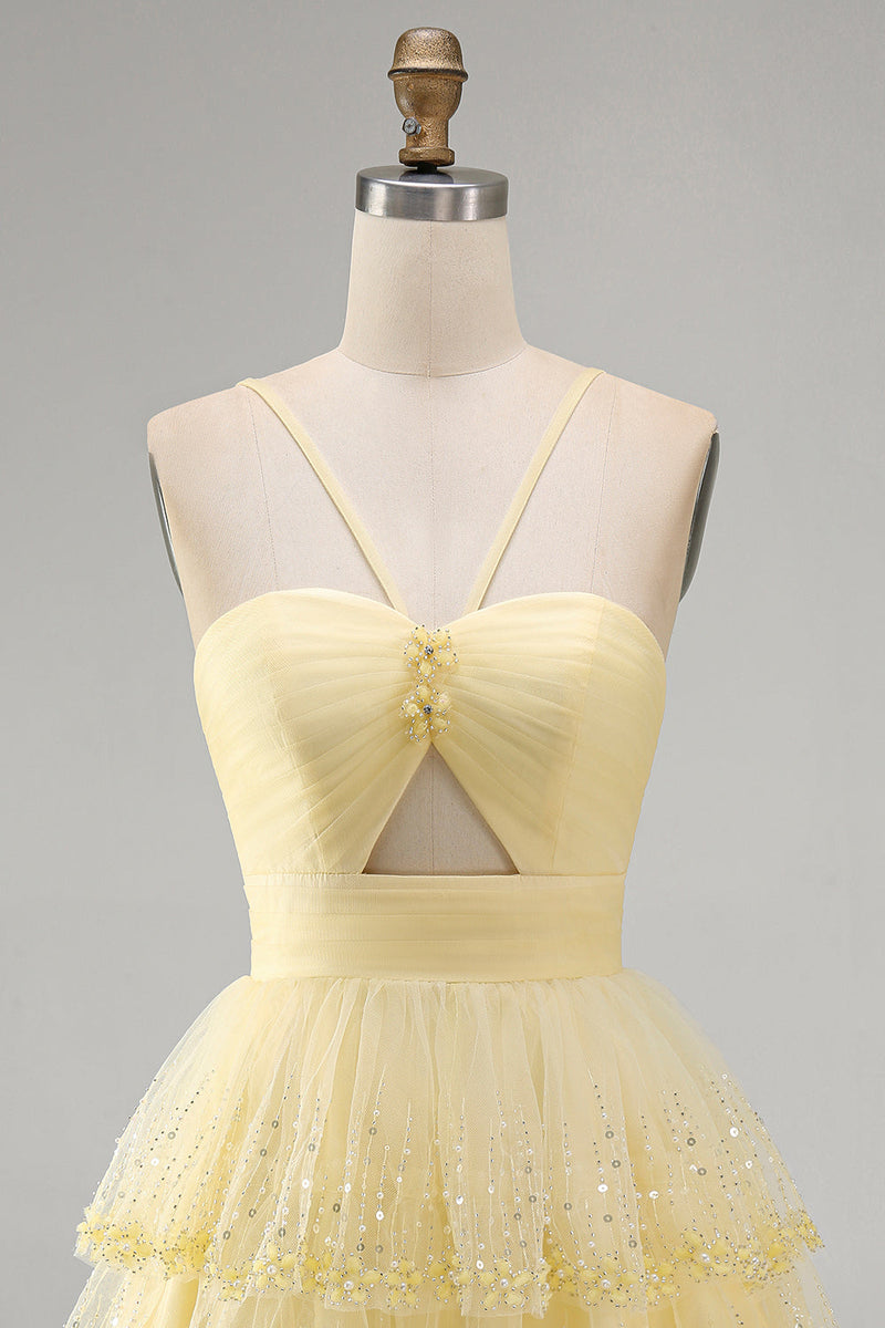 Load image into Gallery viewer, Yellow Tiered Sparkly Ruffled A Line Short Cocktial Dress with Keyhole