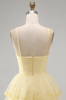 Load image into Gallery viewer, Yellow Tiered Sparkly Ruffled A Line Short Cocktial Dress with Keyhole