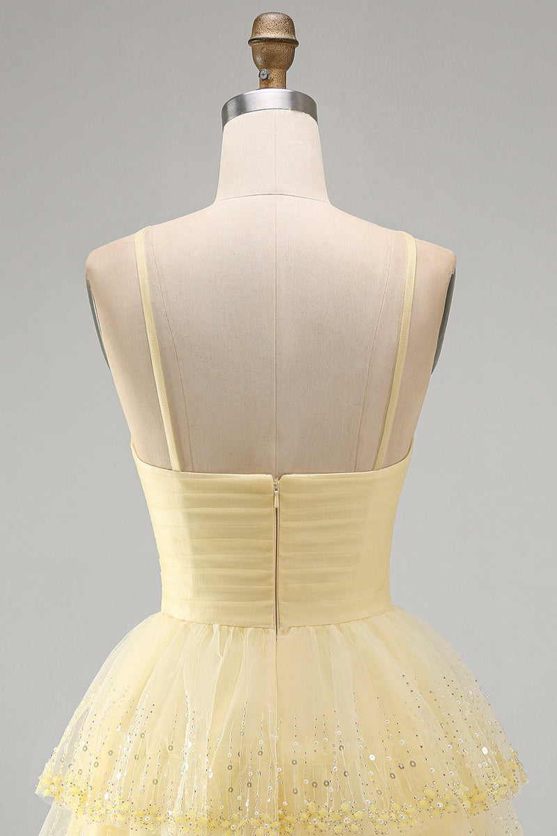 Load image into Gallery viewer, Yellow Tiered Sparkly Ruffled A Line Short Cocktial Dress with Keyhole