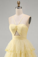 Load image into Gallery viewer, Yellow Tiered Sparkly Ruffled A Line Short Cocktial Dress with Keyhole