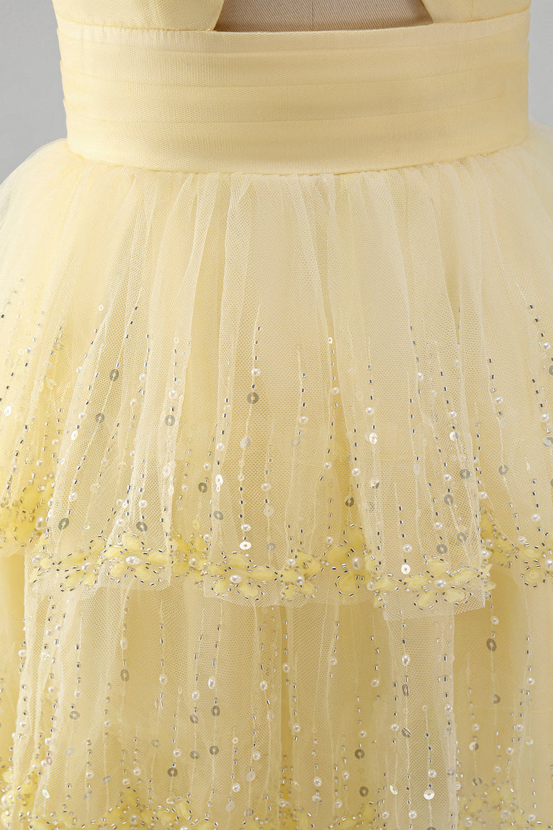 Load image into Gallery viewer, Yellow Tiered Sparkly Ruffled A Line Short Cocktial Dress with Keyhole