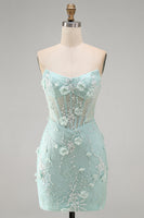 Load image into Gallery viewer, Sparkly Mint Tight Beaded Corset Short Cocktial Dress with 3D Flower