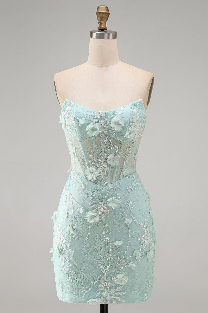 Load image into Gallery viewer, Sparkly Mint Tight Beaded Corset Short Cocktial Dress with 3D Flower
