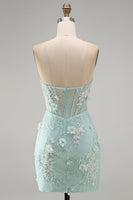 Load image into Gallery viewer, Sparkly Mint Tight Beaded Corset Short Cocktial Dress with 3D Flower