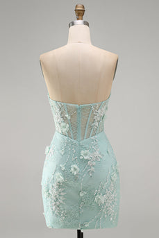 Sparkly Mint Tight Beaded Corset Short Cocktial Dress with 3D Flower