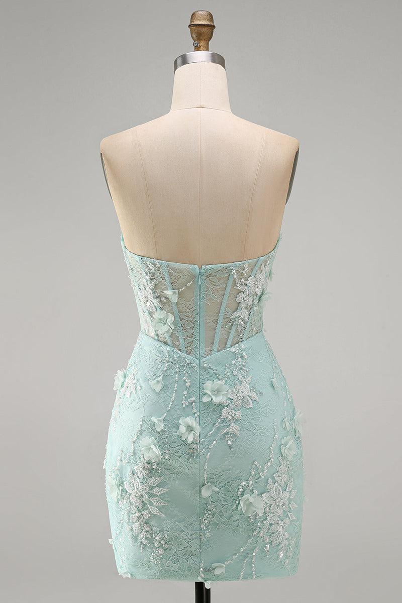 Load image into Gallery viewer, Sparkly Mint Tight Beaded Corset Short Cocktial Dress with 3D Flower