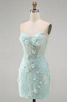 Load image into Gallery viewer, Sparkly Mint Tight Beaded Corset Short Cocktial Dress with 3D Flower