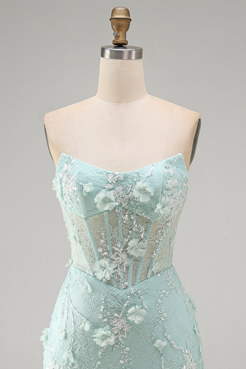 Load image into Gallery viewer, Sparkly Mint Tight Beaded Corset Short Cocktial Dress with 3D Flower