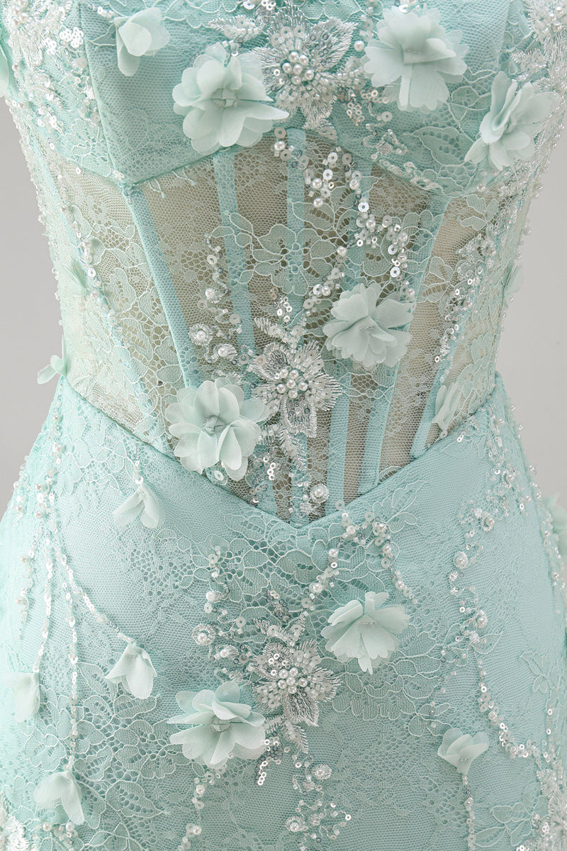 Load image into Gallery viewer, Sparkly Mint Tight Beaded Corset Short Cocktial Dress with 3D Flower