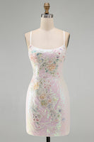 Load image into Gallery viewer, Sparkly Pink Sequins Tight  Floral Short Cocktial Dress