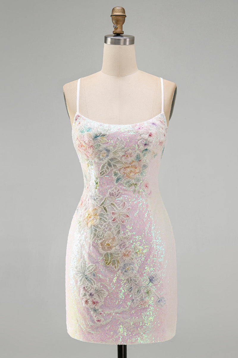 Load image into Gallery viewer, Sparkly Pink Sequins Tight  Floral Short Cocktial Dress