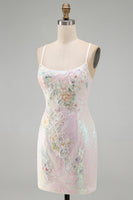 Load image into Gallery viewer, Sparkly Pink Sequins Tight  Floral Short Cocktial Dress