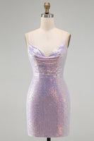 Load image into Gallery viewer, Lilac Sparkly Cowl Neck Sequin Tight Short Cocktial  Dress