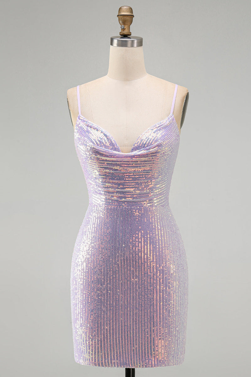 Load image into Gallery viewer, Lilac Sparkly Cowl Neck Sequin Tight Short Cocktial  Dress
