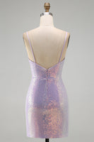 Load image into Gallery viewer, Lilac Sparkly Cowl Neck Sequin Tight Short Cocktial  Dress