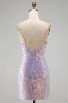 Lilac Sparkly Cowl Neck Sequin Tight Short Cocktial  Dress