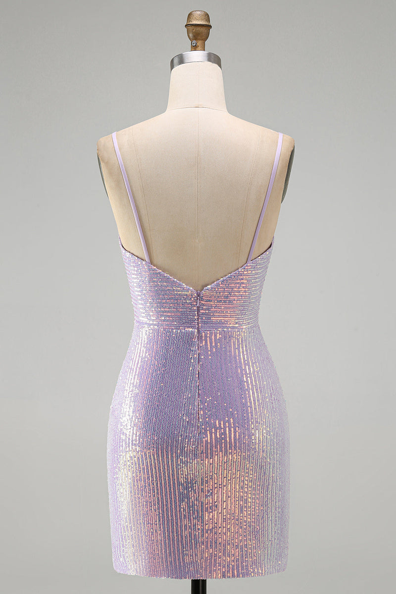 Load image into Gallery viewer, Lilac Sparkly Cowl Neck Sequin Tight Short Cocktial  Dress