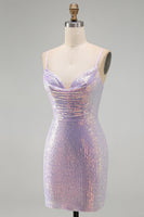 Load image into Gallery viewer, Lilac Sparkly Cowl Neck Sequin Tight Short Cocktial  Dress