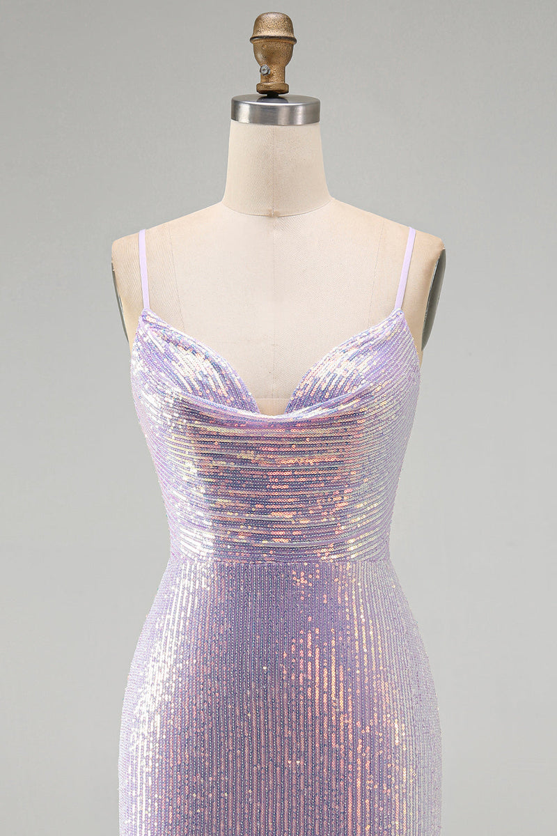 Load image into Gallery viewer, Lilac Sparkly Cowl Neck Sequin Tight Short Cocktial  Dress