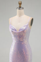 Load image into Gallery viewer, Lilac Sparkly Cowl Neck Sequin Tight Short Cocktial  Dress