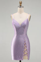 Load image into Gallery viewer, Sparkly Lilac Tight Beaded V-Neck Mini Cocktial Dress with Slit