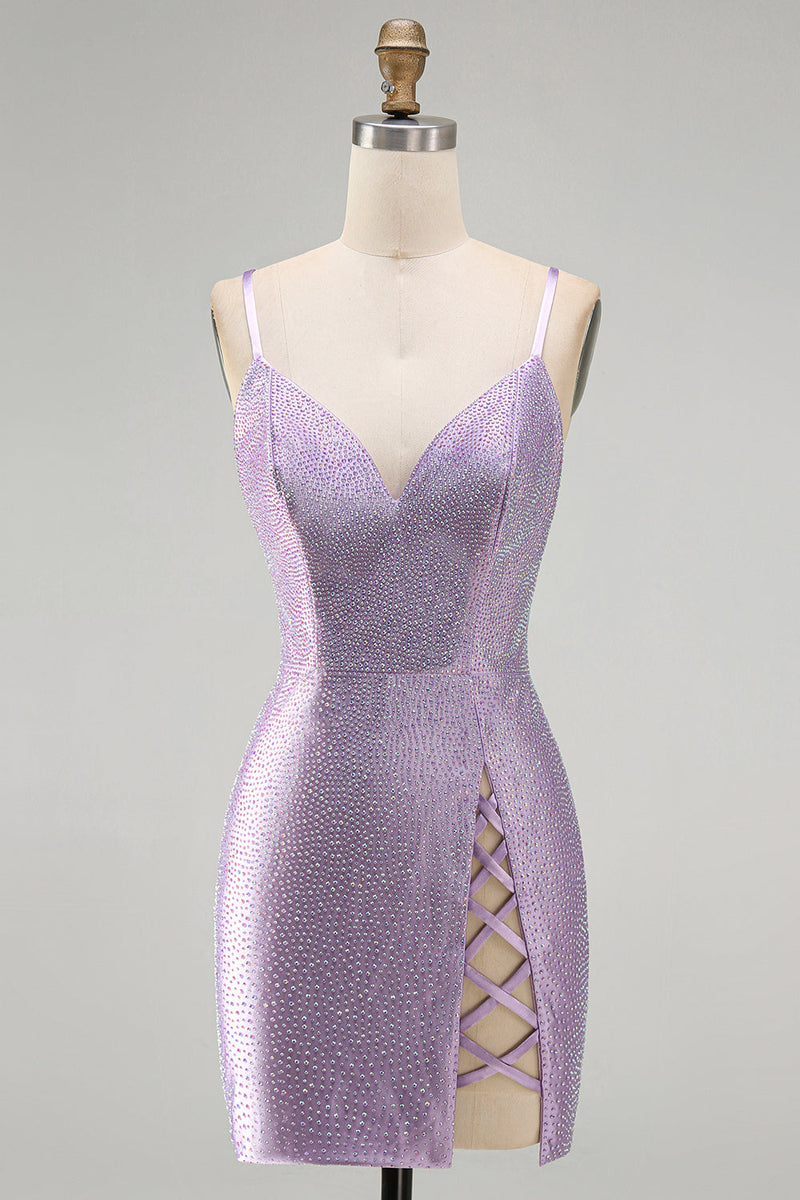 Load image into Gallery viewer, Sparkly Lilac Tight Beaded V-Neck Mini Cocktial Dress with Slit