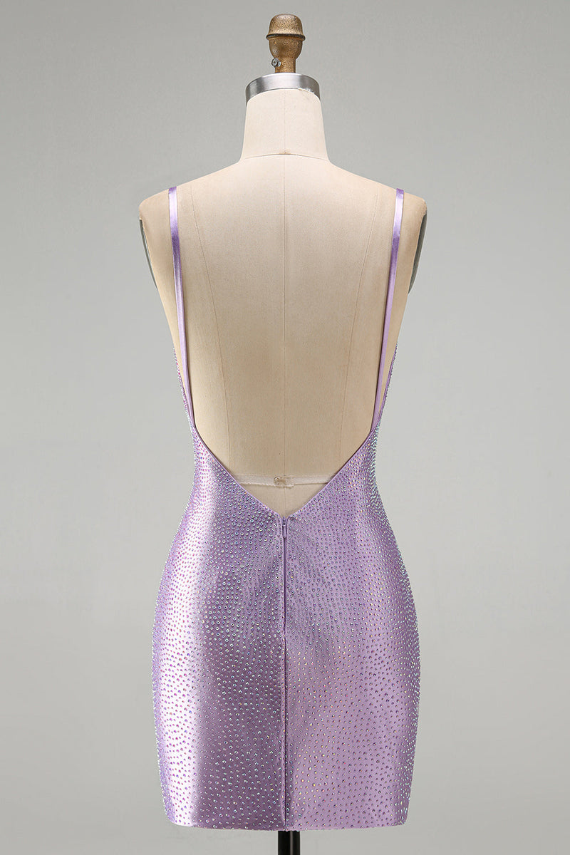 Load image into Gallery viewer, Sparkly Lilac Tight Beaded V-Neck Mini Cocktial Dress with Slit
