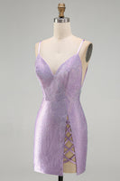 Load image into Gallery viewer, Sparkly Lilac Tight Beaded V-Neck Mini Cocktial Dress with Slit