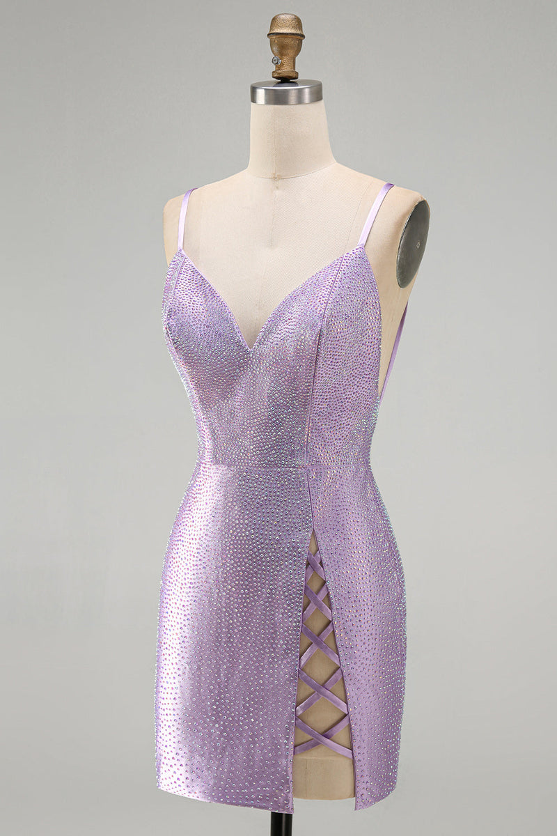 Load image into Gallery viewer, Sparkly Lilac Tight Beaded V-Neck Mini Cocktial Dress with Slit