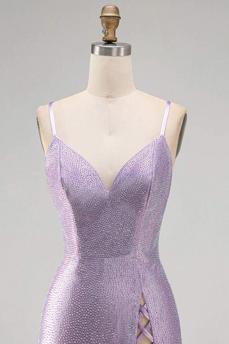 Load image into Gallery viewer, Sparkly Lilac Tight Beaded V-Neck Mini Cocktial Dress with Slit
