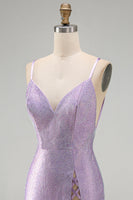 Load image into Gallery viewer, Sparkly Lilac Tight Beaded V-Neck Mini Cocktial Dress with Slit