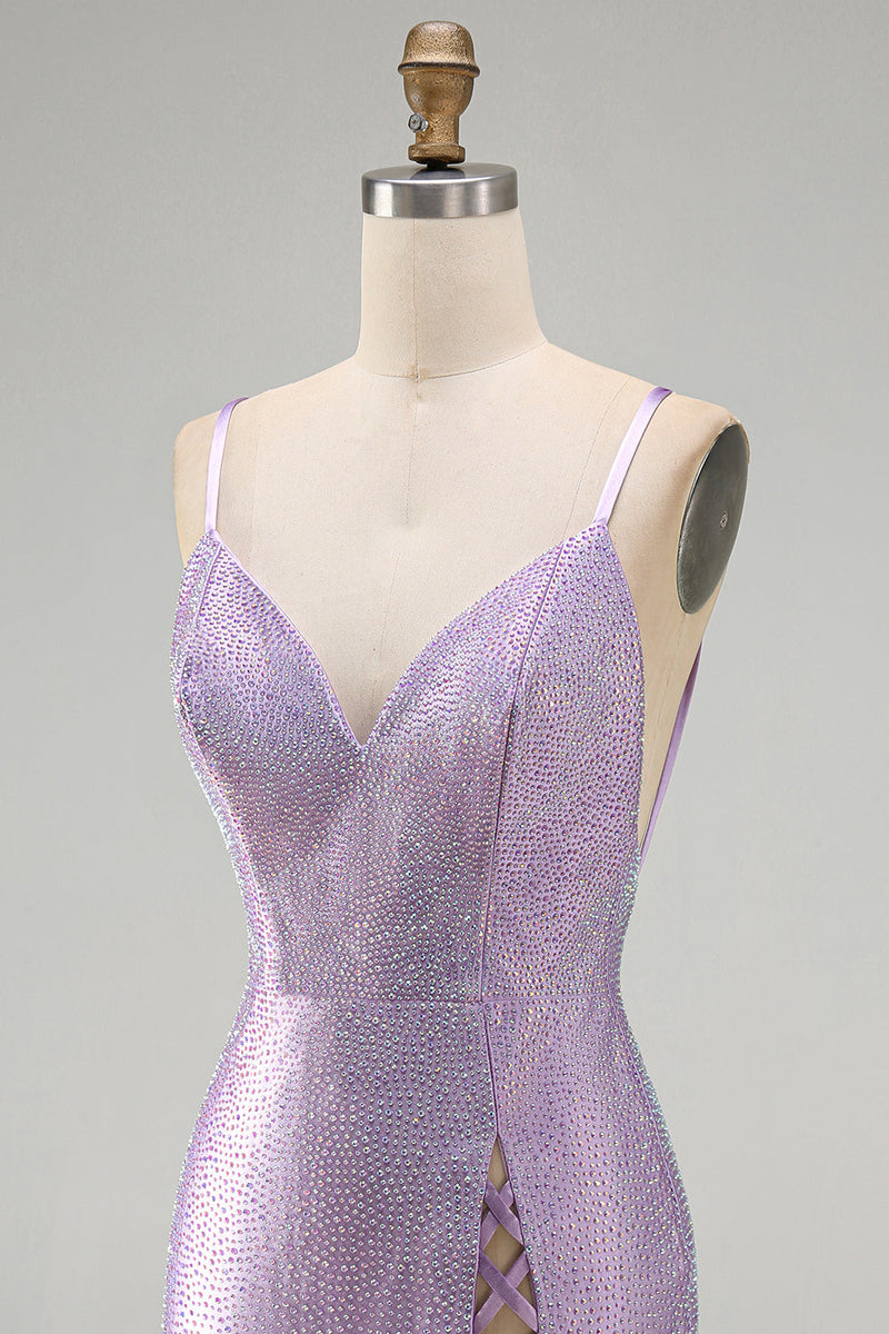 Load image into Gallery viewer, Sparkly Lilac Tight Beaded V-Neck Mini Cocktial Dress with Slit