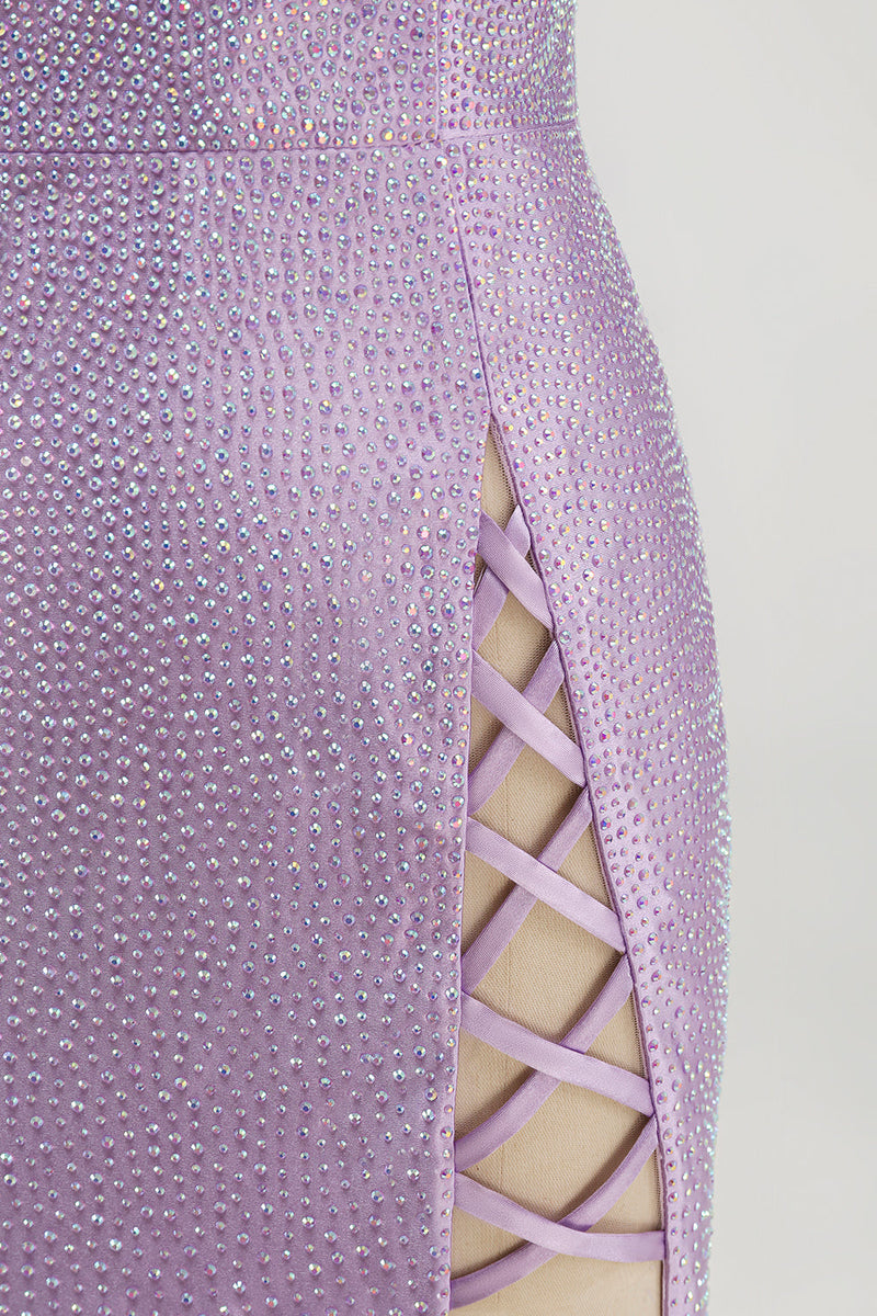 Load image into Gallery viewer, Sparkly Lilac Tight Beaded V-Neck Mini Cocktial Dress with Slit